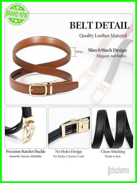 Women\'s Skinny Ratchet Belts 2 Pack - No-Holes Precision Fit, Easy-Release